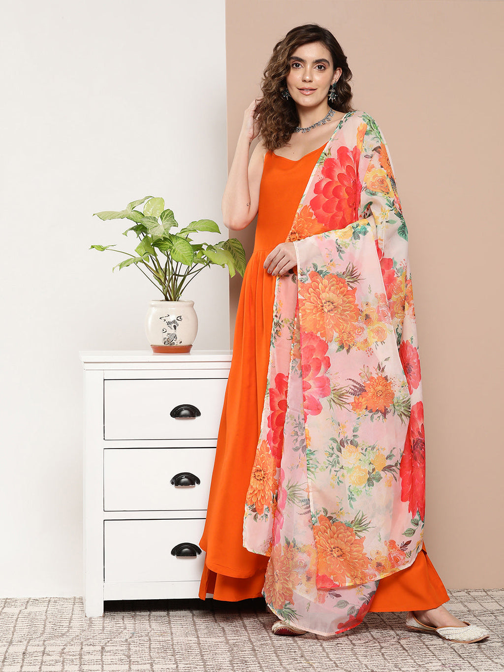 InWeave Women's Orange Strppy Set With Red Big Floral Print Dupatta