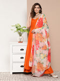 InWeave Women's Orange Strppy Set With Red Big Floral Print Dupatta