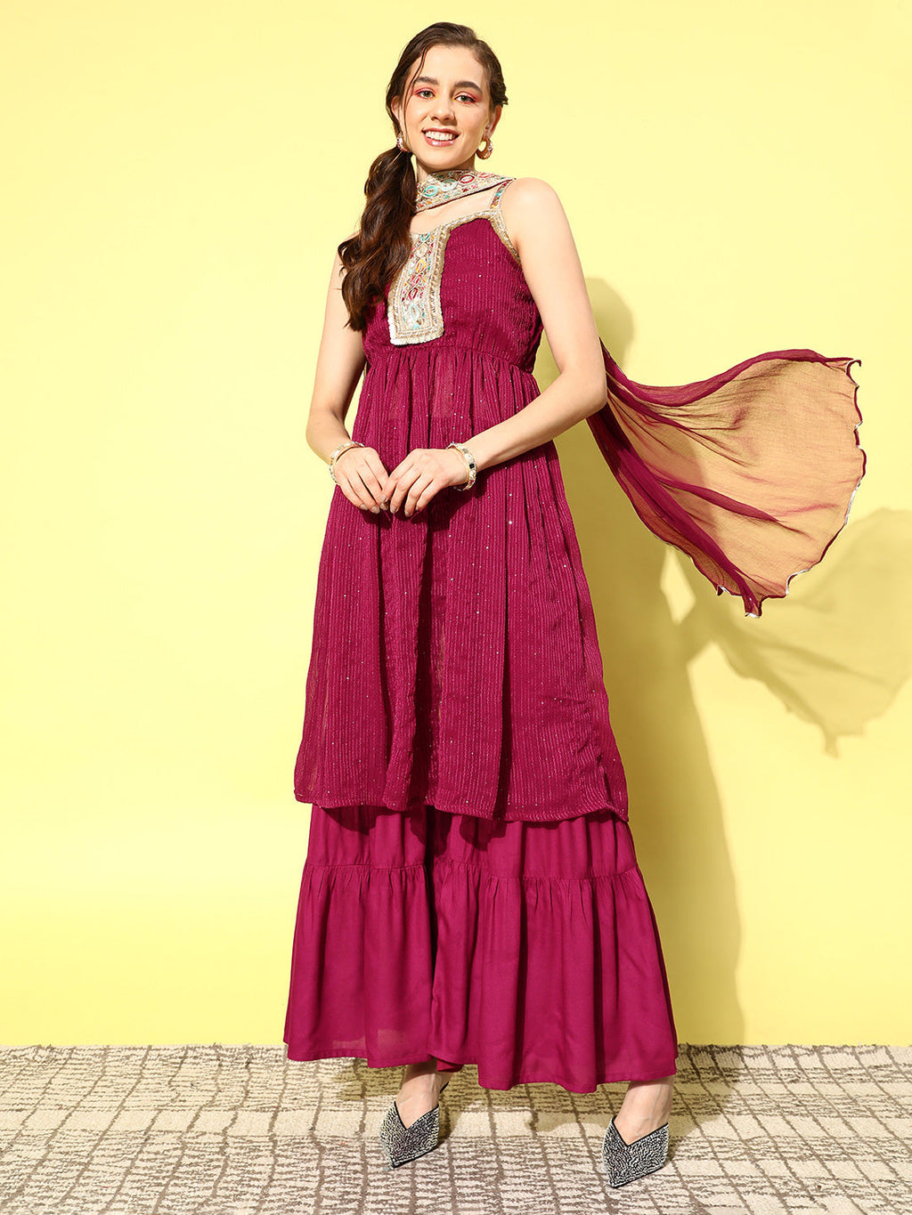 InWeave Women's Maroon Gota Insert Neckline Sharara Set