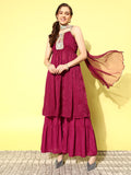 InWeave Women's Maroon Gota Insert Neckline Sharara Set