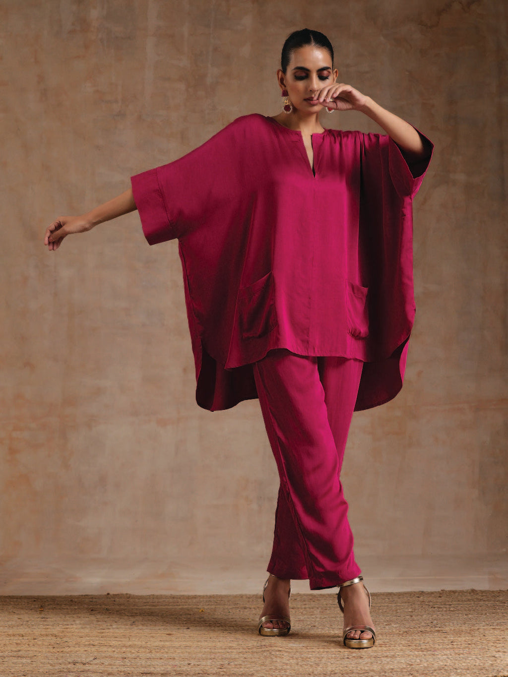 trueBrowns Pink Modal Satin Boxy Fit High-Low Co-Ord Set