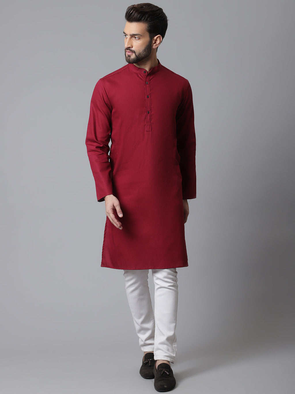Even Apparels Maroon Pure Cotton Kurta With Band Collar