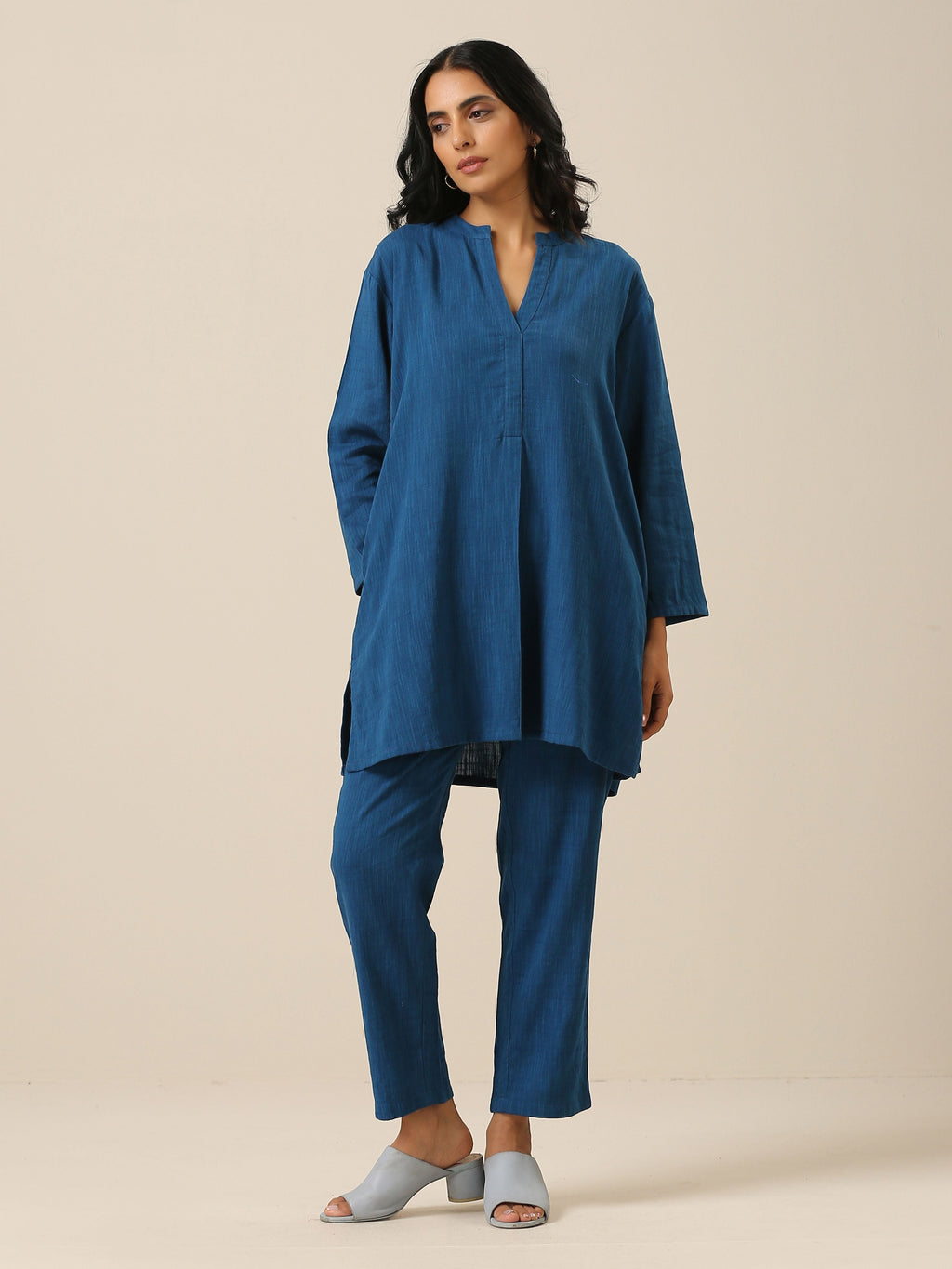trueBrowns Classic Blue Slub Texture Relax Fit Co-Ord Set