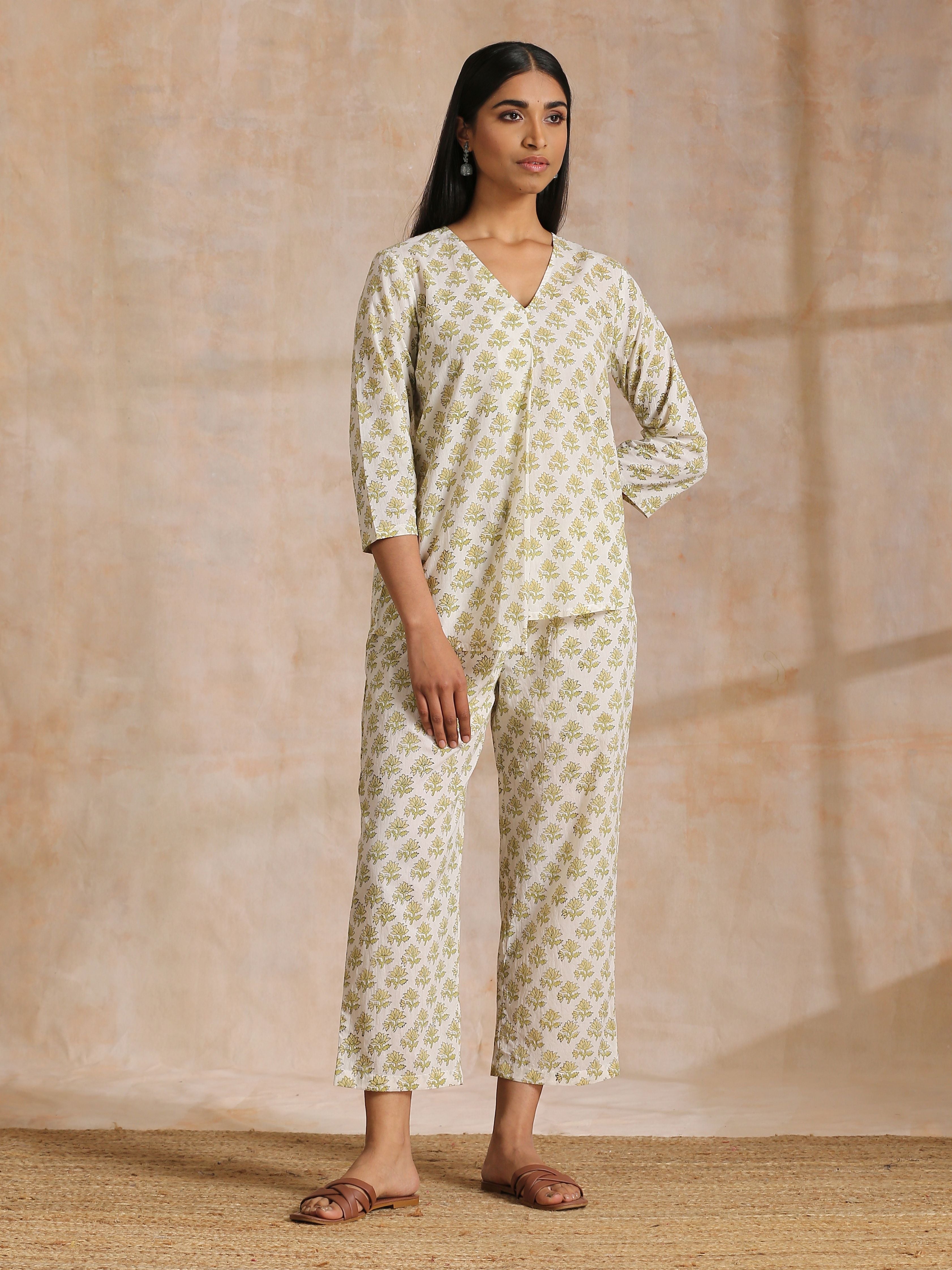 trueBrowns Green Buta On Off-White Block Print Cotton Co-Ord Set