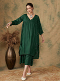 InWeave Women's Pine Green Lurex Flared V Neck Kurta Palazzo Set
