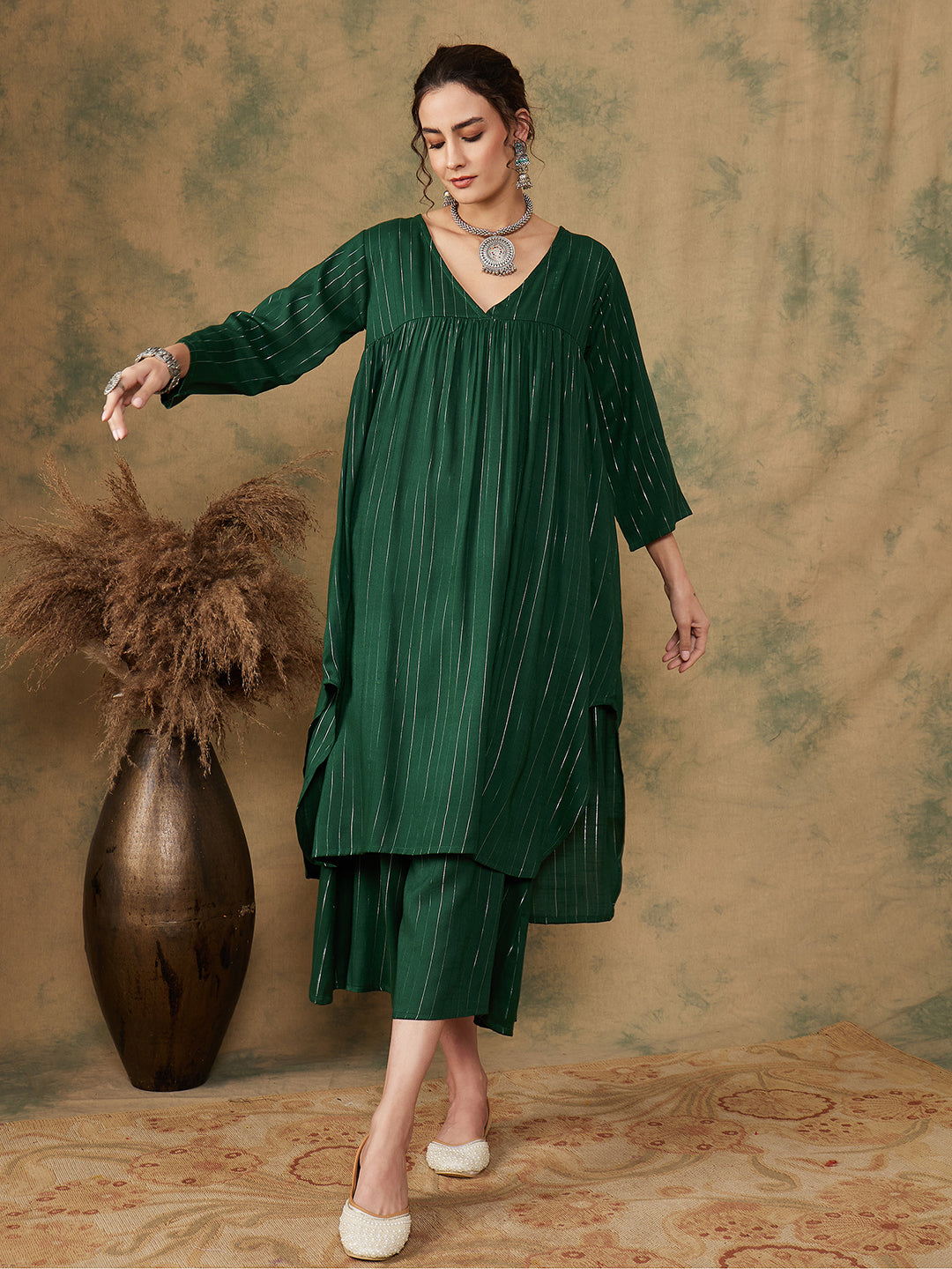 InWeave Women's Pine Green Lurex Flared V Neck Kurta Palazzo Set