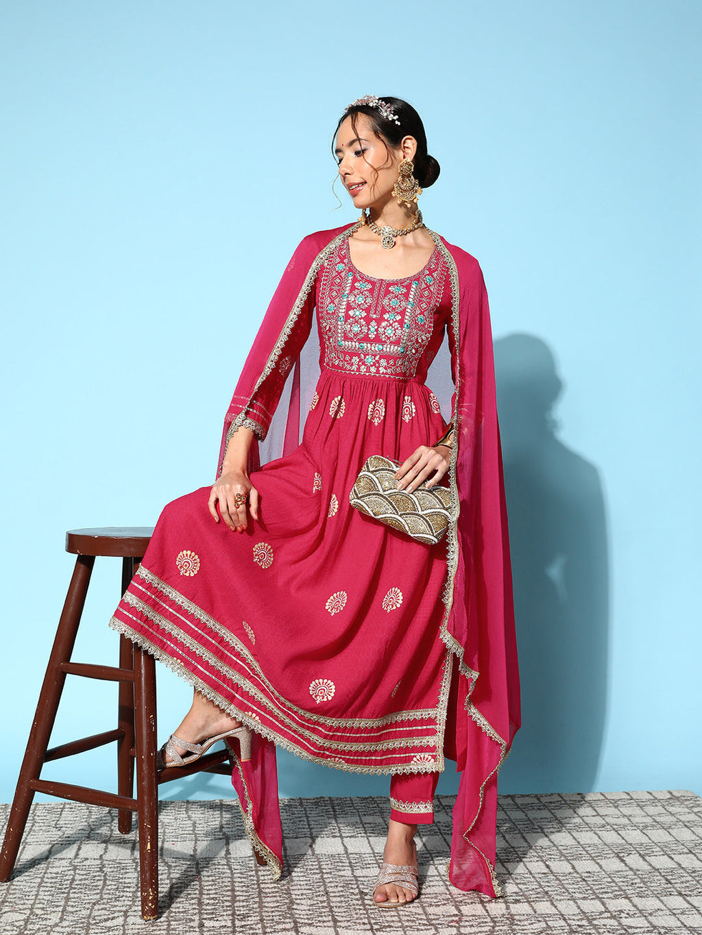 InWeave Women's Pink Nyra Cut Embroidered Kurta Set With Dupatta