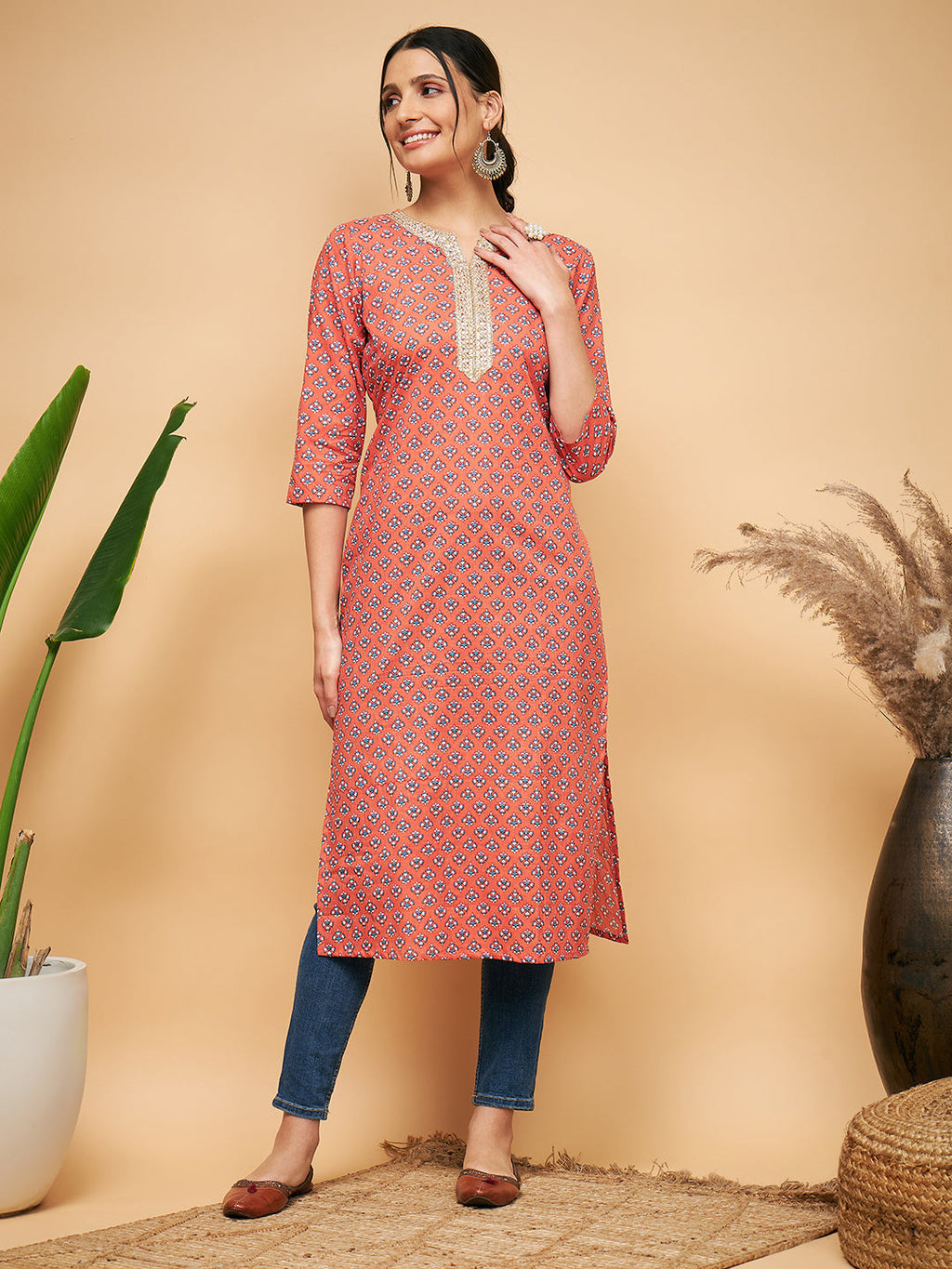 InWeave Women's Coral Blue Boota Print Gota Straight Kurta