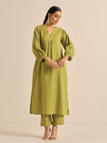 trueBrowns Fresh Green Dobby Puff Sleeve Kurta Pant Set