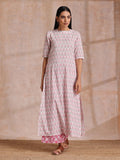 trueBrowns Pink Green Floral On White Block Print Cotton Slit Kurta Pant Set | Relove