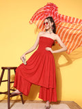 InWeave Women's Red Mirror Work Off Shoulder Kurta Set With Lehriya Dupatta