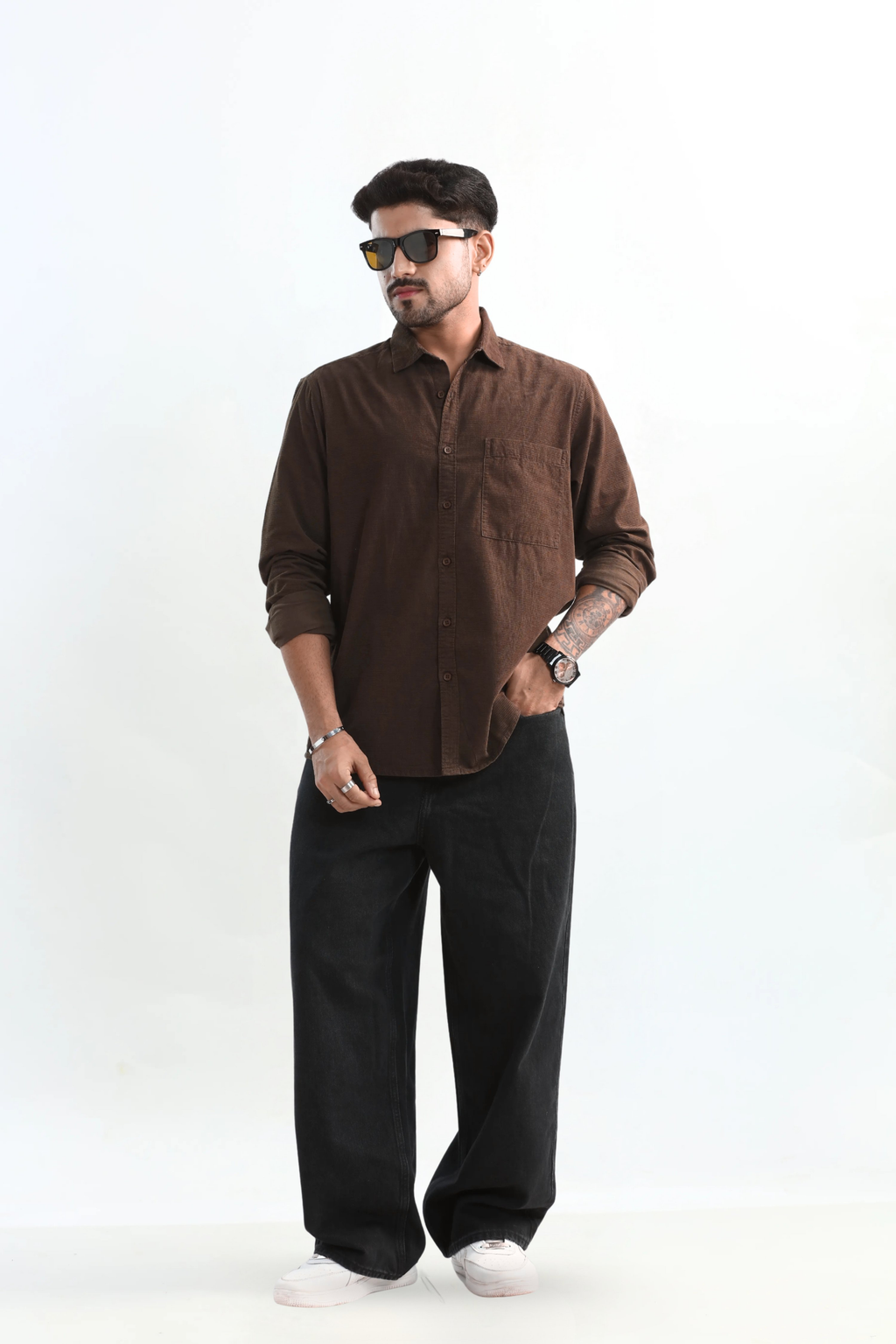 Xkind Men's Mocha Brown Fine Corduroy Regular Fit Shirt