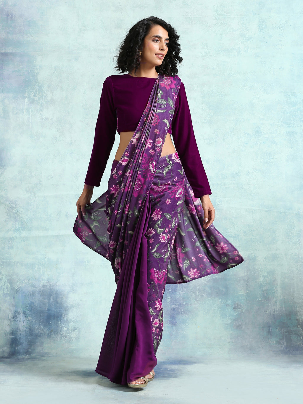 trueBrowns Wine Printed Velvet Ready to Wear Saree