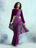 trueBrowns Wine Printed Velvet Ready to Wear Saree