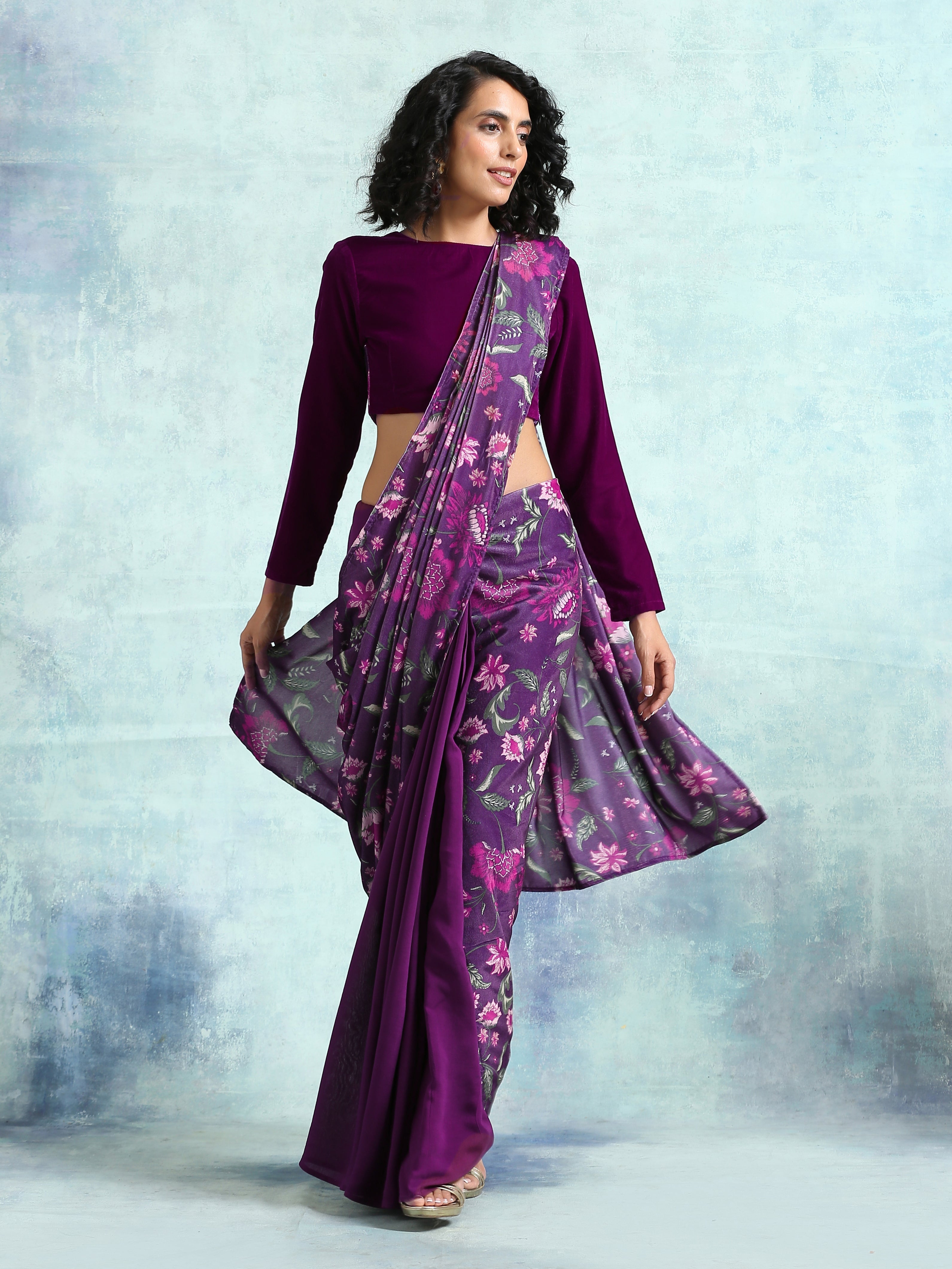 trueBrowns Wine Printed Velvet Ready to Wear Saree