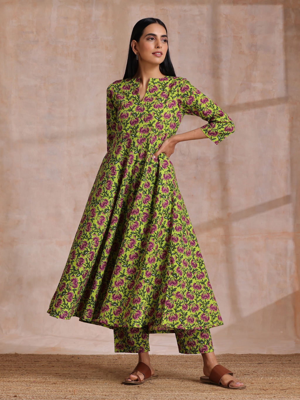 trueBrowns Lime Green Overall Pink Floral Block Print Cotton Flared Kurta Pant Set