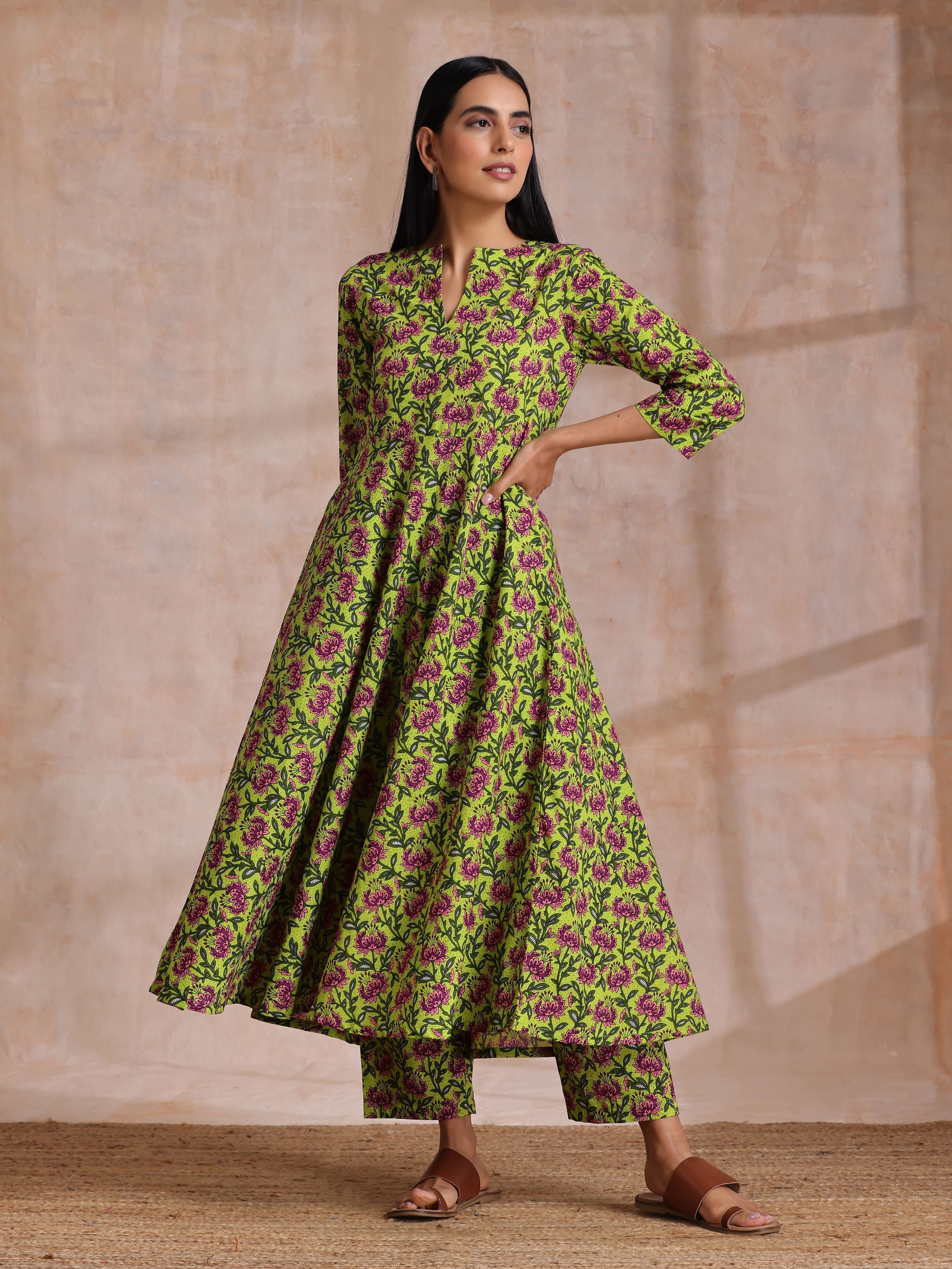 trueBrowns Lime Green Overall Pink Floral Block Print Cotton Flared Kurta Pant Set