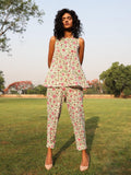 trueBrowns White Cotton Block Print Sleeveless Co-Ord set