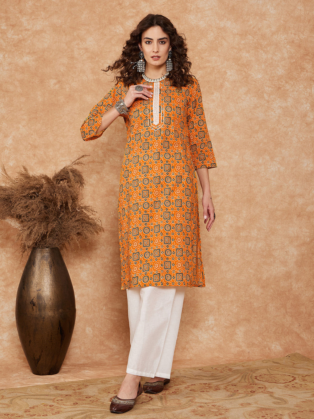 InWeave Women's Mustard Ethnic Print Lace Gota Work Straight Kurta