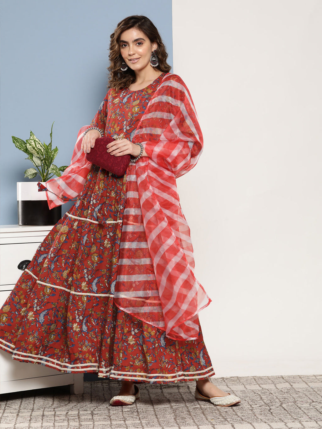 InWeave Women's Red Floral Print Tiered Dress With Lace With Red Leh Dupatta