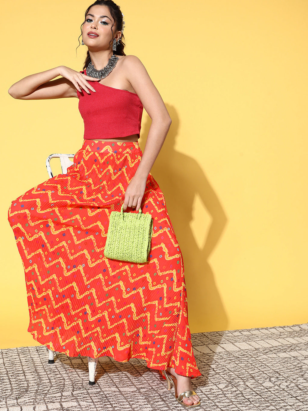 InWeave Women's Orange Bandhej Pleated Skirt