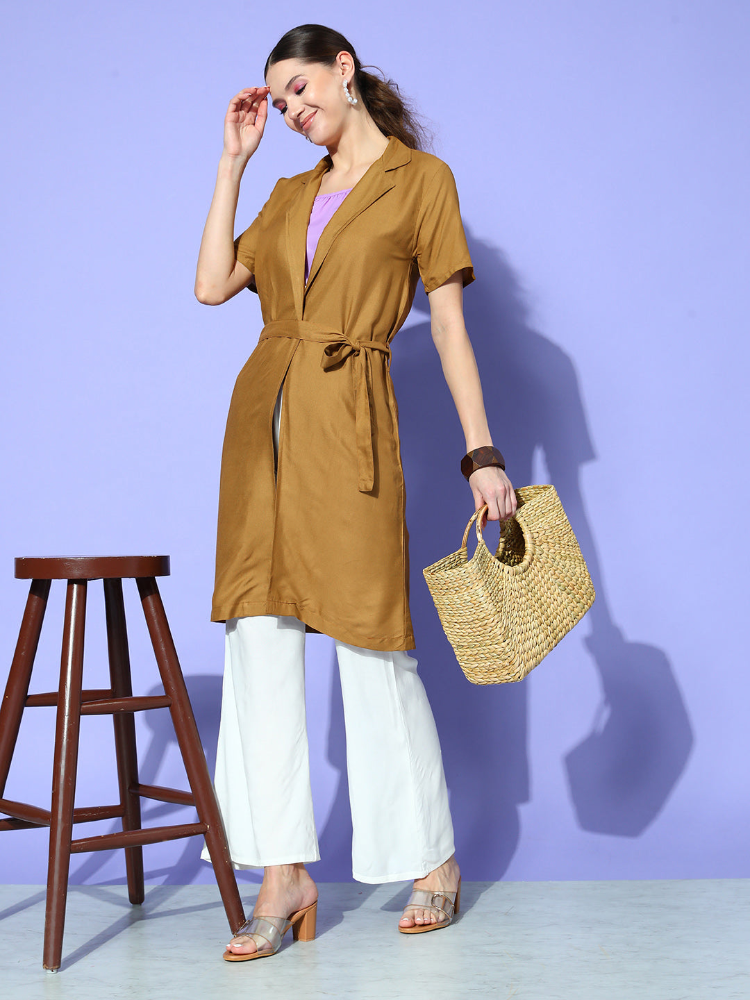 InWeave Women's Camel Brown Cream Pant Coord Set With Mauve Crop Top