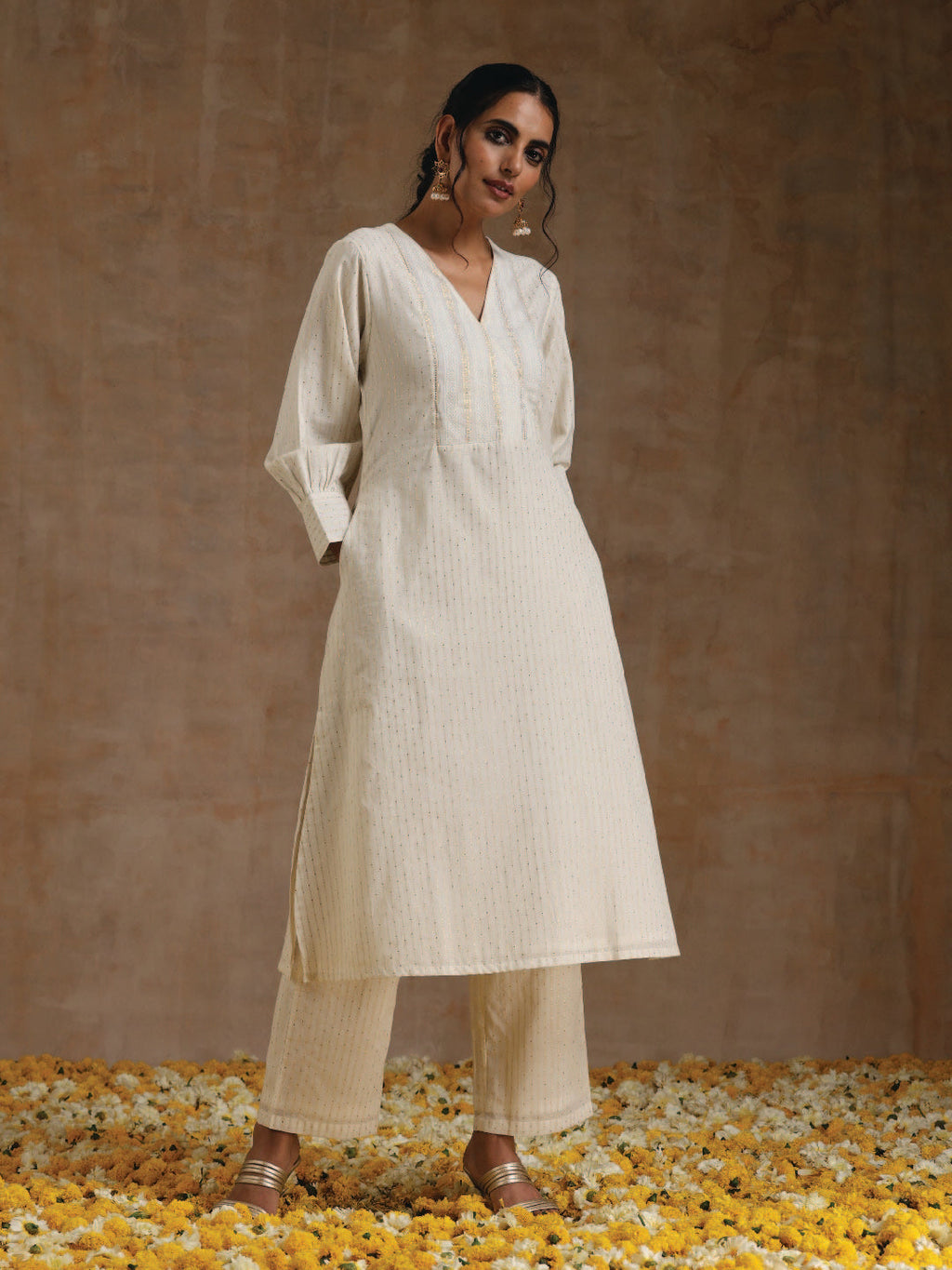 trueBrowns Ivory Gold Cotton Overlap Yoke Kurta Set