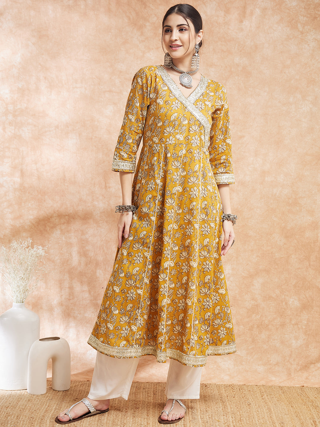 InWeave Women's Mustard Printed Gota Embroidered Anarkali Kurta