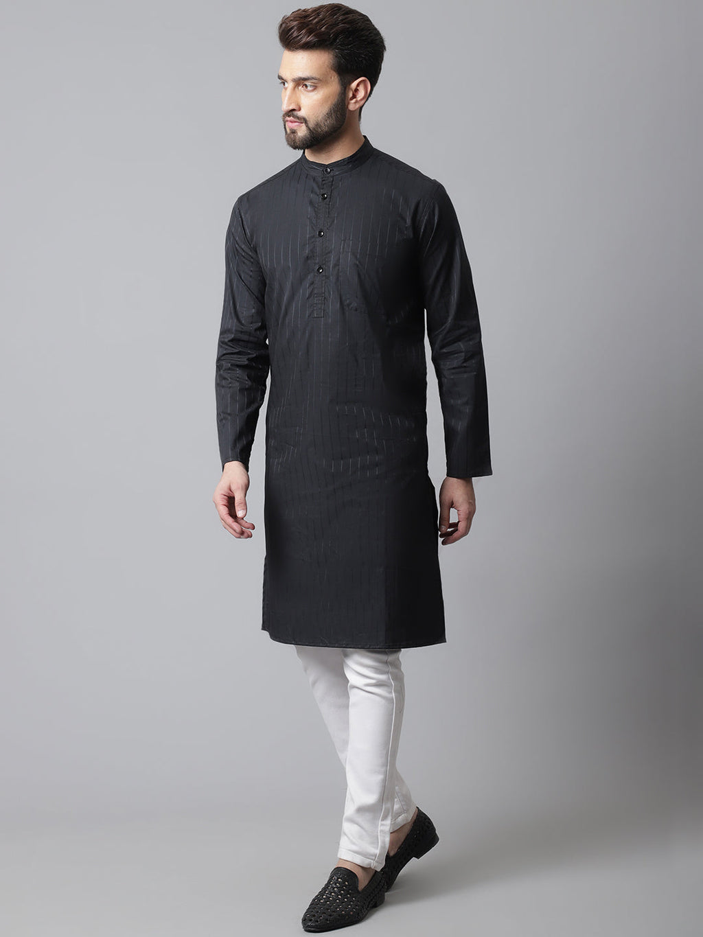 Even Apparels Black Solid Kurta With Band Collar