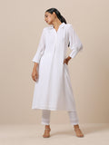 trueBrowns Cotton White Weave Collar Kurta Pant Set | Relove