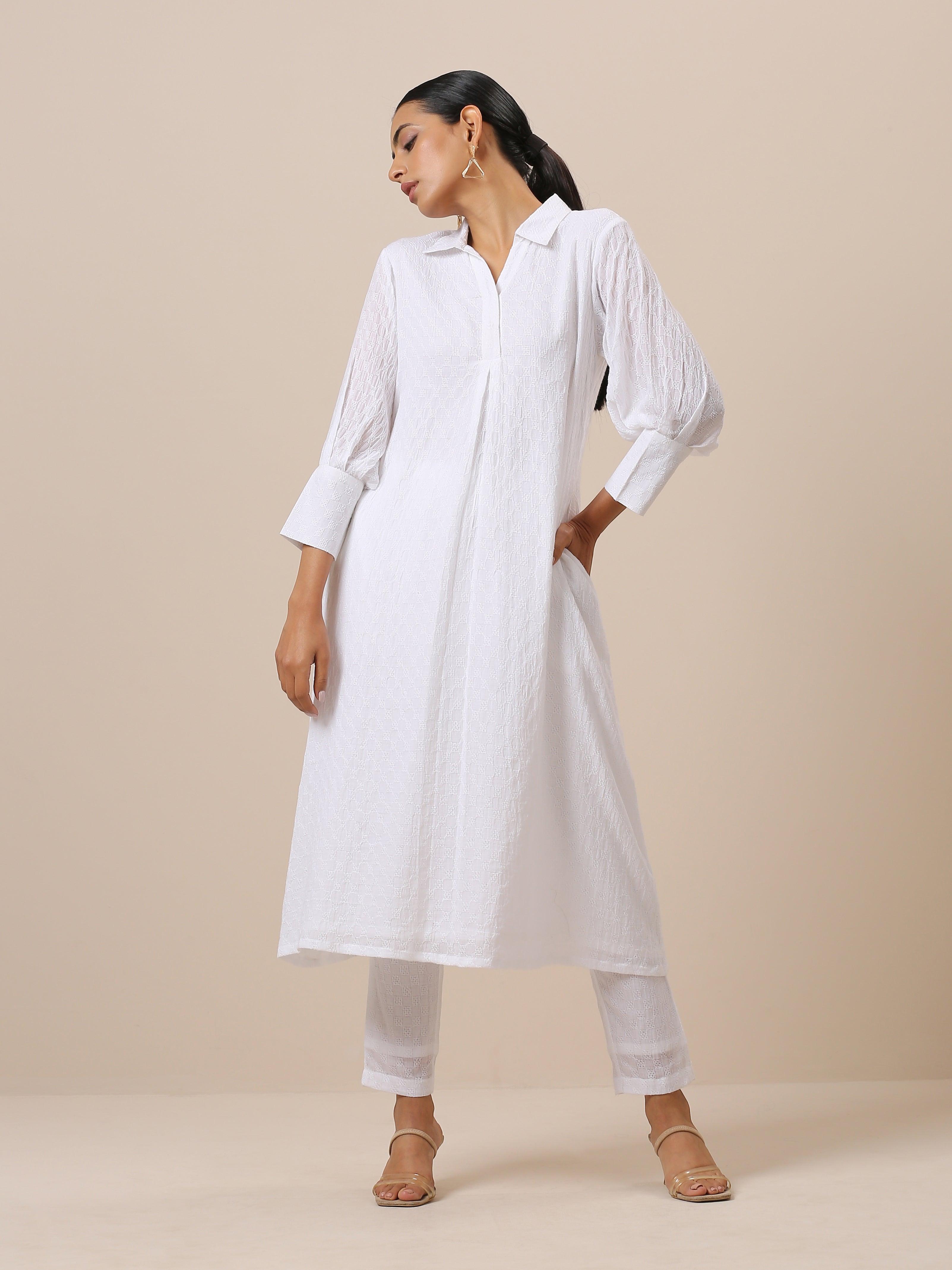 trueBrowns Cotton White Weave Collar Kurta Pant Set | Relove