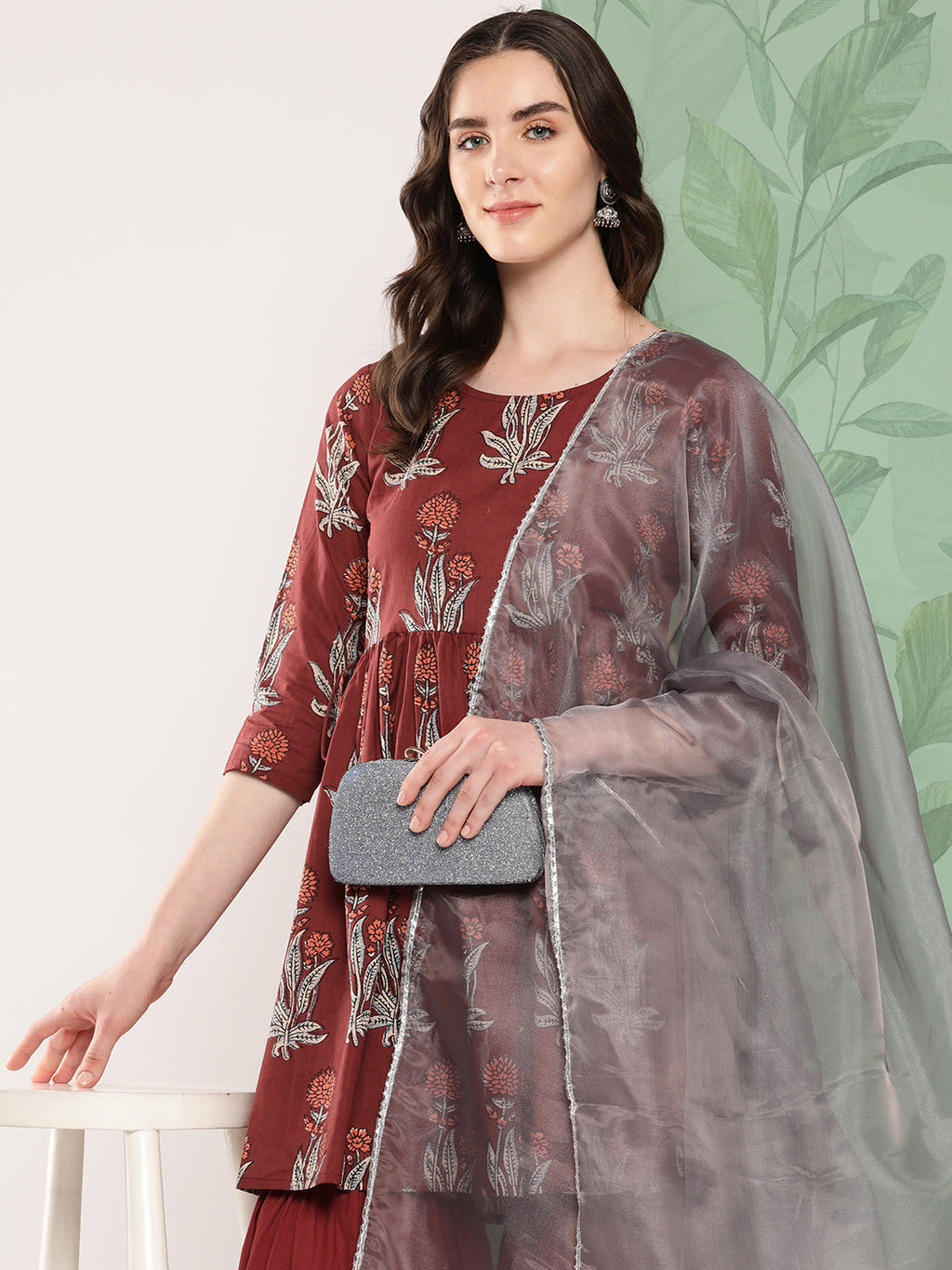 InWeave Women's Brick Rust Boota Sharara Set With Dupatta