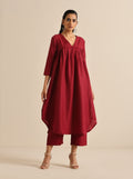 trueBrowns Maroon Slub Gathered Kurta Pant Set