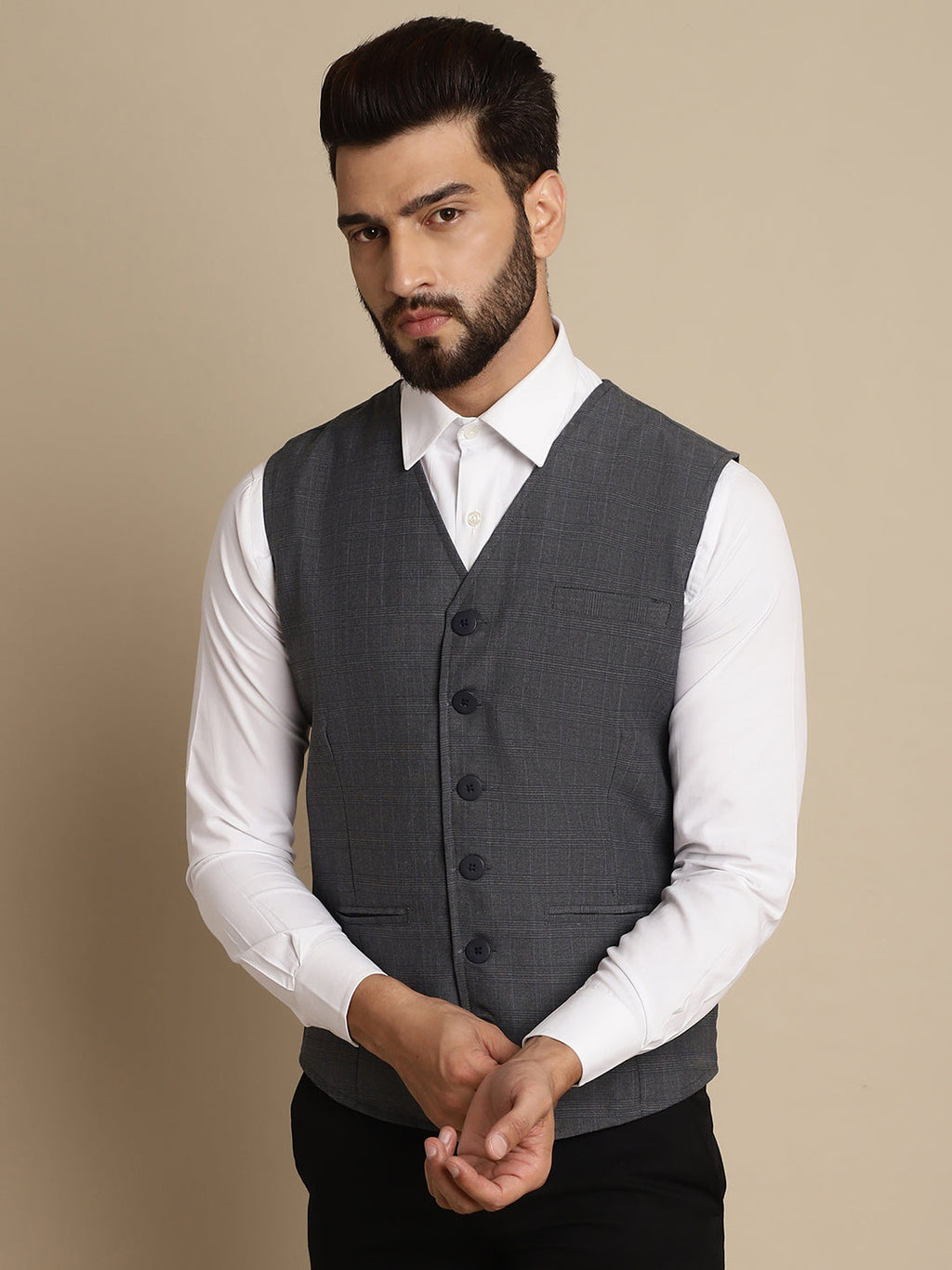 Even Apparels Men's Grey Waistcoat with welt pockets