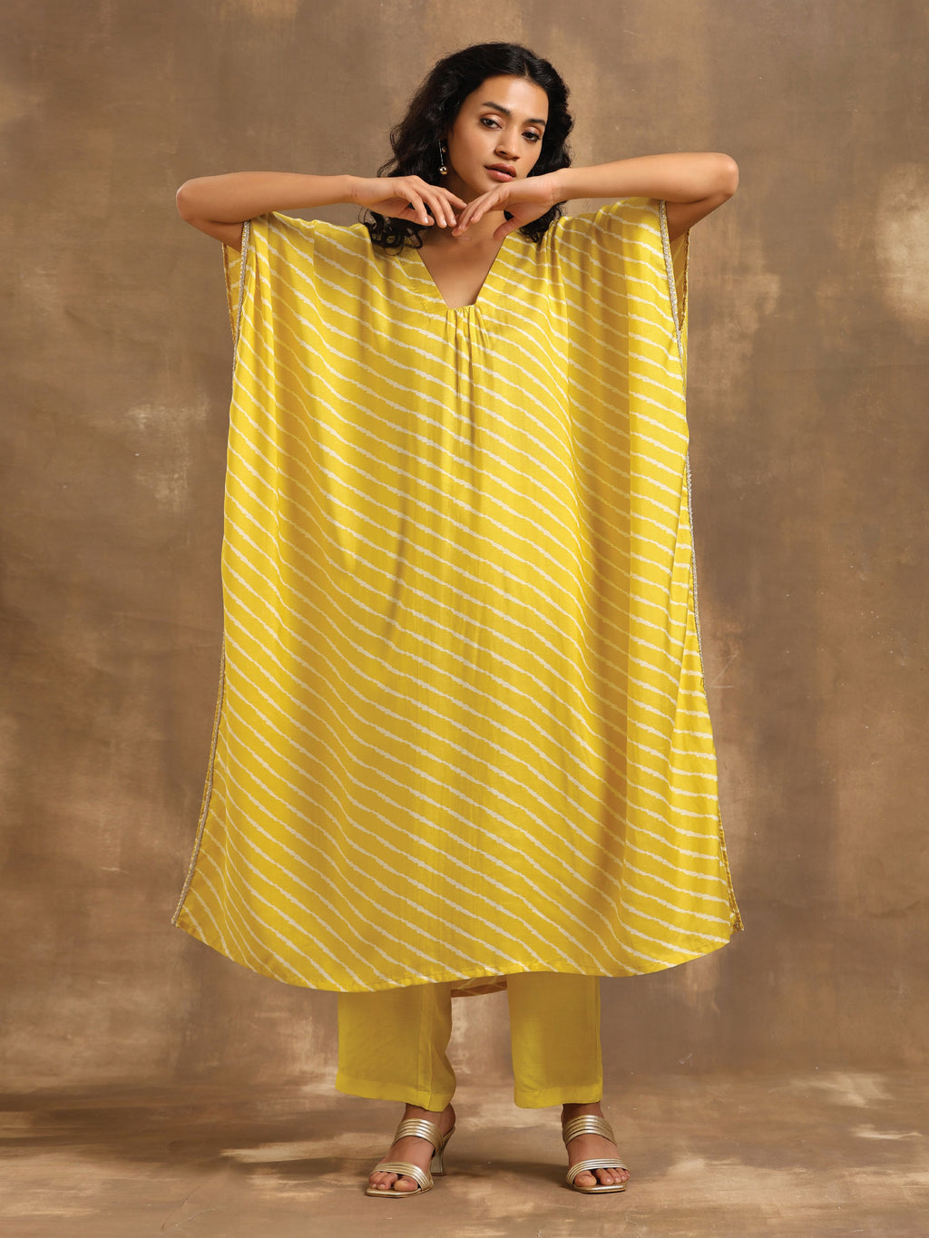 trueBrowns Lime Lehariya Printed Silk Kaftan Pant Set