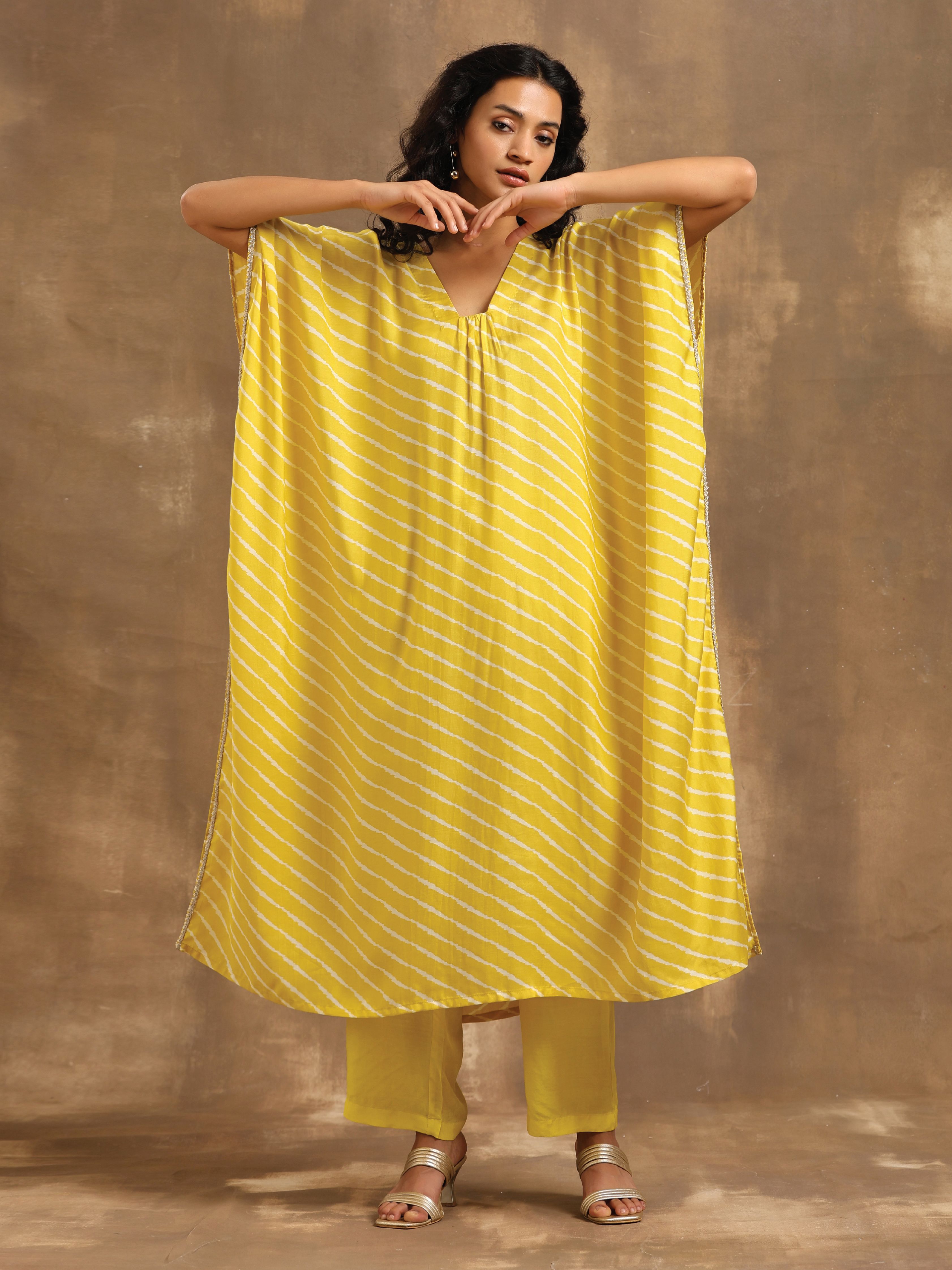 trueBrowns Lime Lehariya Printed Silk Kaftan Pant Set