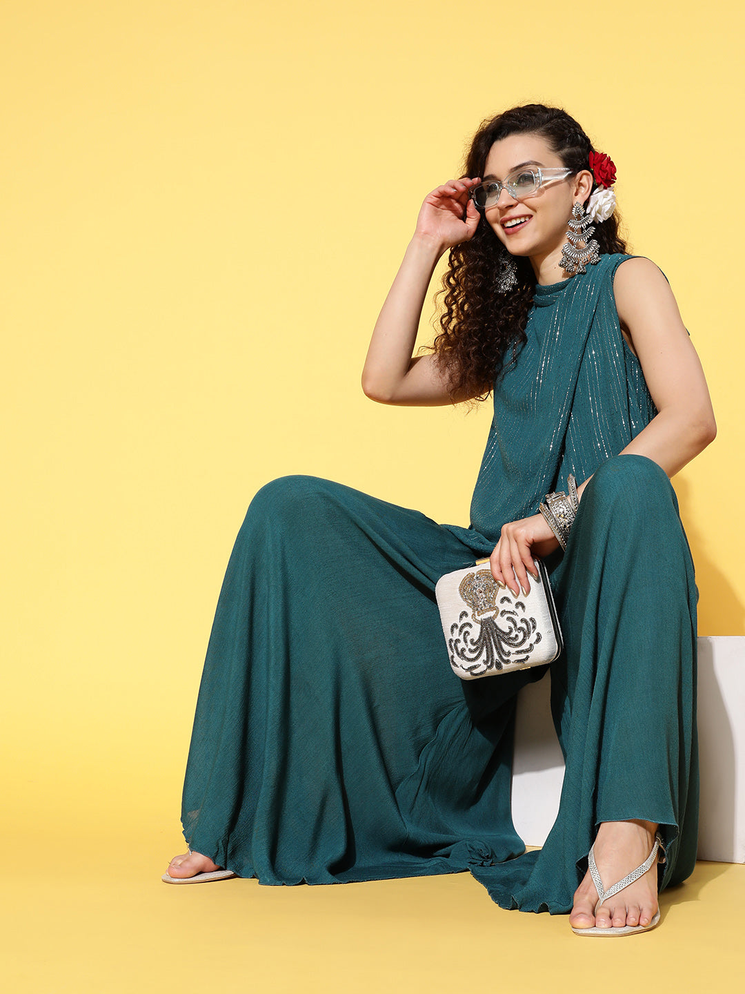 InWeave Women's Teal Lurex Top With Flared Pallazo