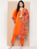 InWeave Women's Orange Organza Sleeve Kurta Set W Green Or Dupatta