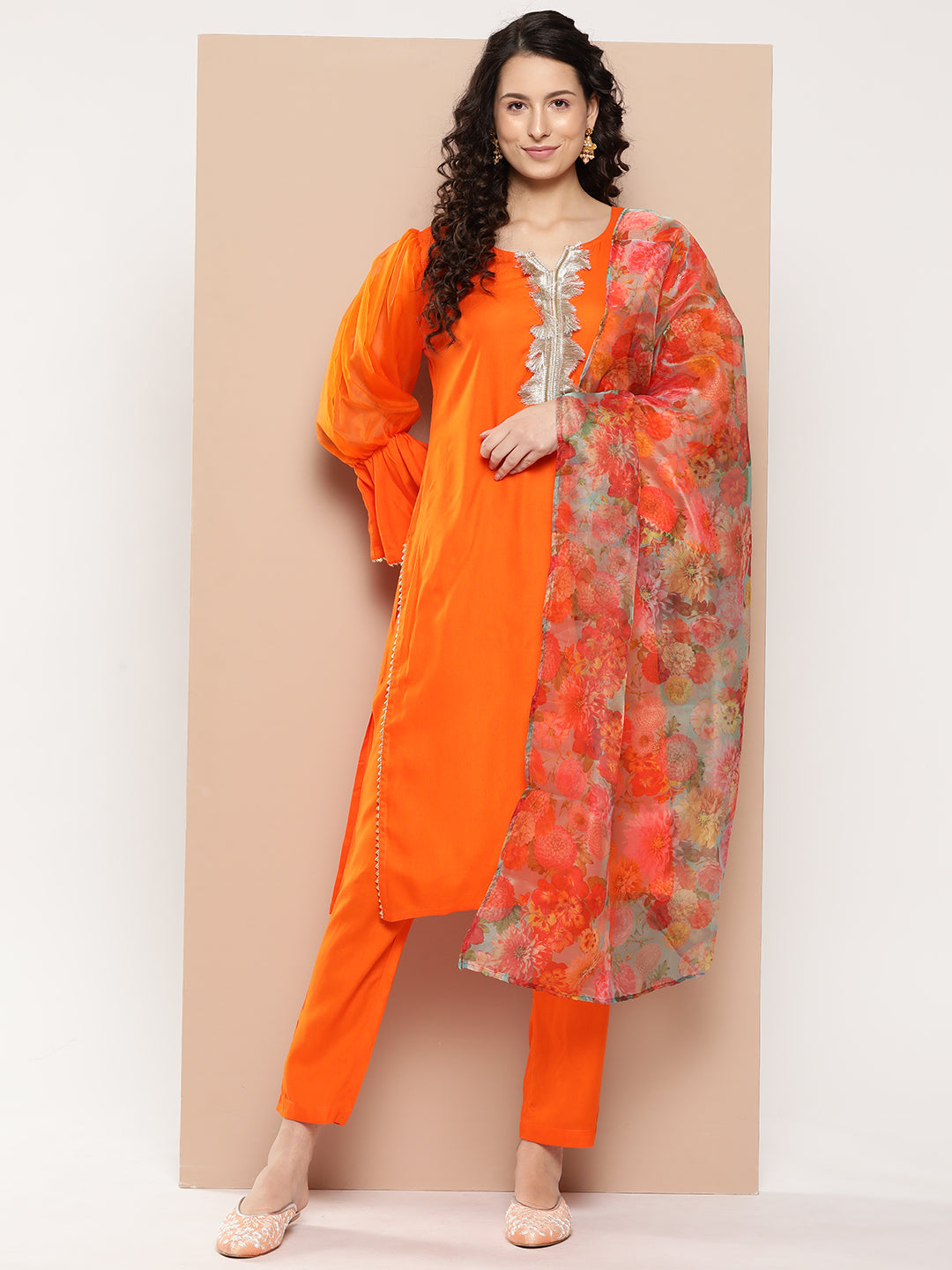 InWeave Women's Orange Organza Sleeve Kurta Set W Green Or Dupatta
