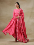 trueBrowns Pink Bandhani Printed Silk Anarkali Kurta Pant Dupatta Set