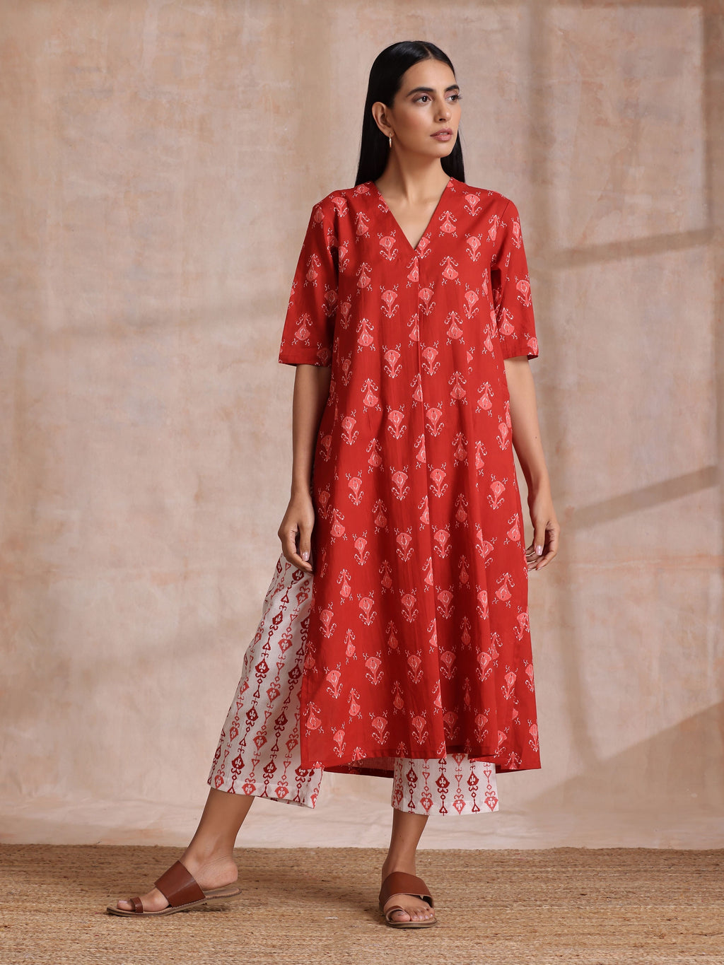 trueBrowns Red On Red Ikat Print Cotton Kurta Pant Set