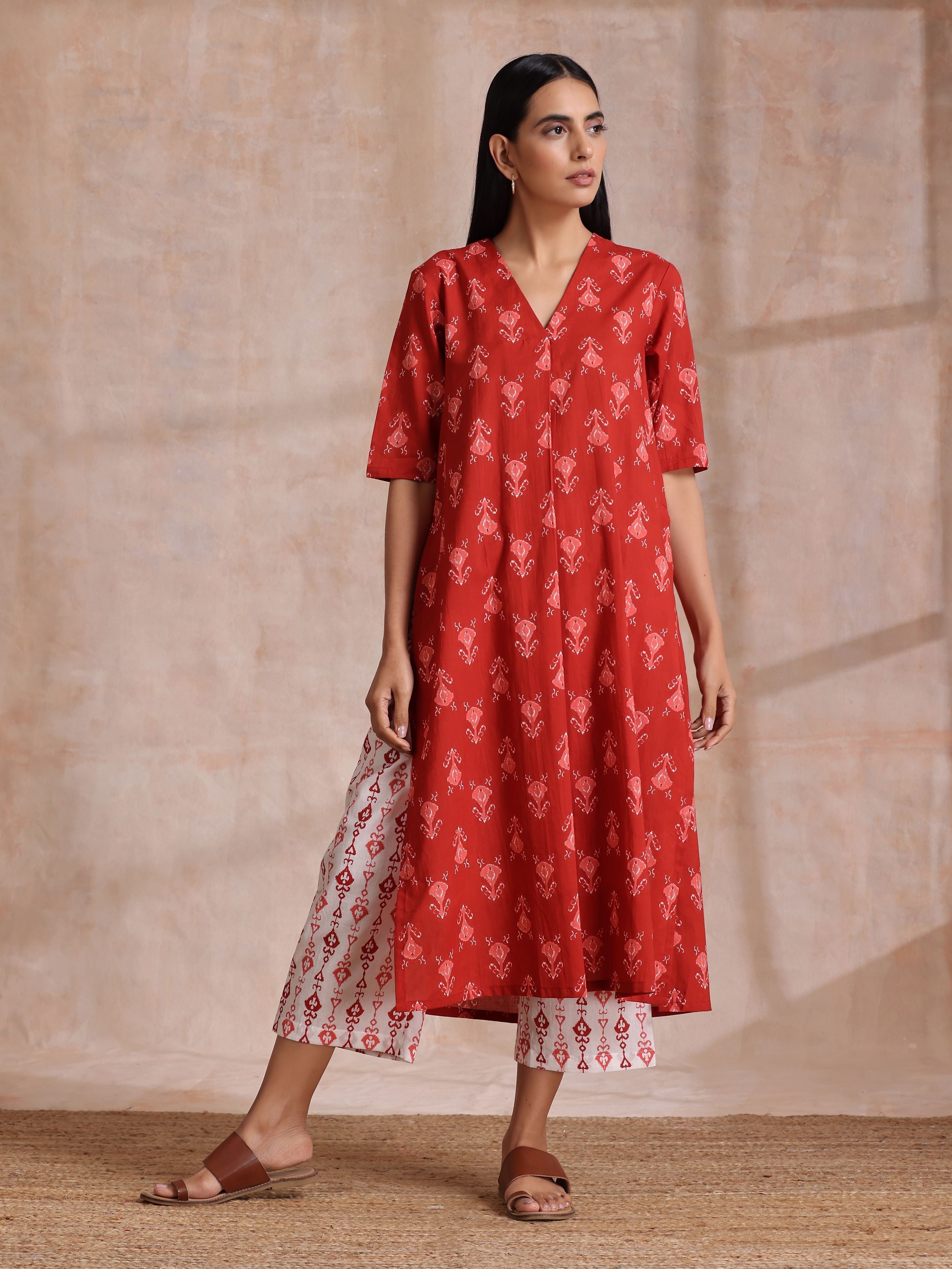 trueBrowns Red On Red Ikat Print Cotton Kurta Pant Set