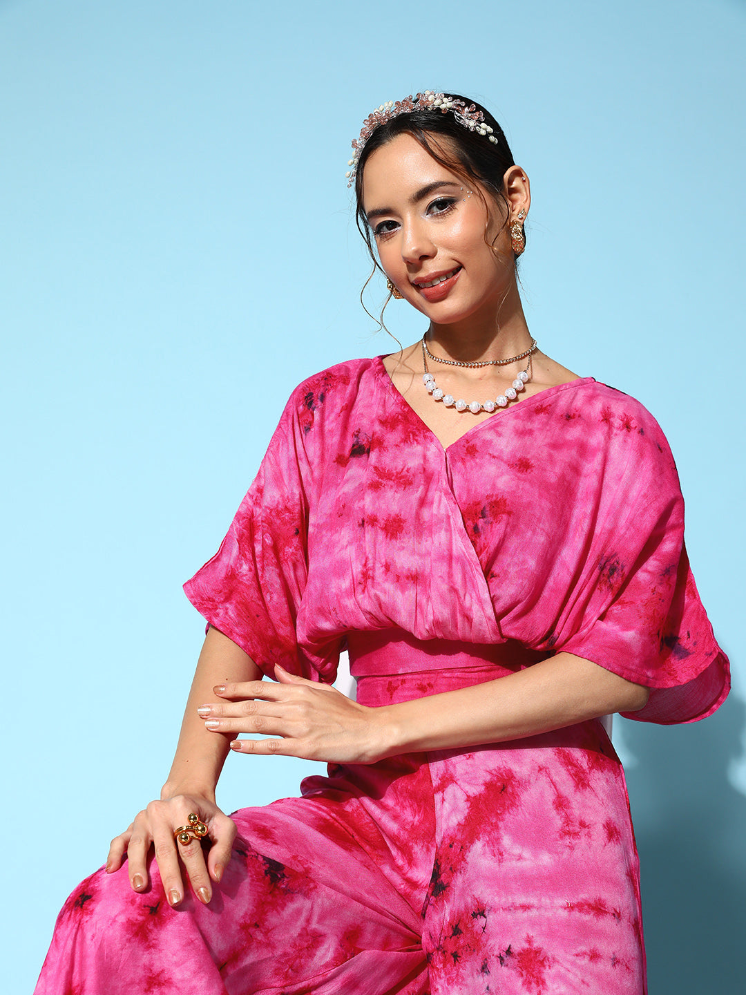 InWeave Women's Magenta Tie And Dye New Neckline Top Culottes Set
