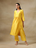 trueBrowns Yellow Textured Silk High Slit Gathered Kurta Set
