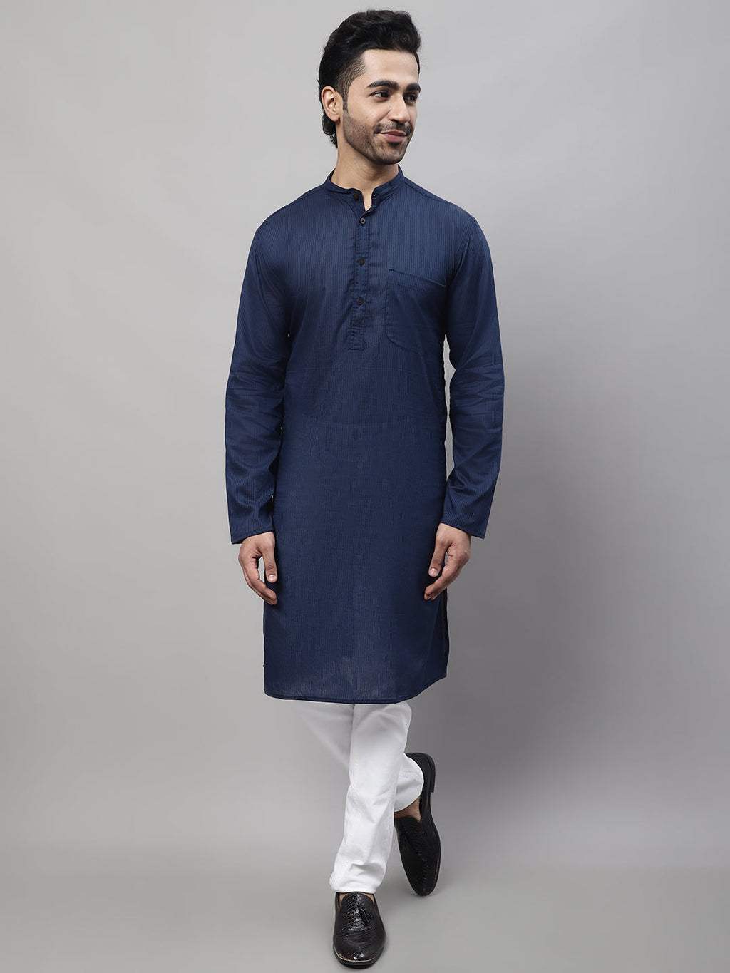 Even Apparels Blue Pure Cotton Kurta With Band Collar