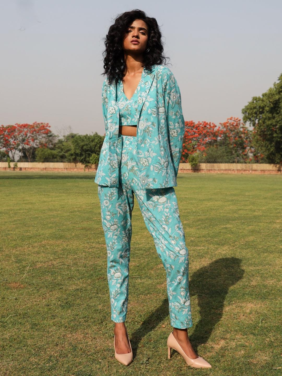 trueBrowns Turquoise Cotton Block Print Pant Suit Set