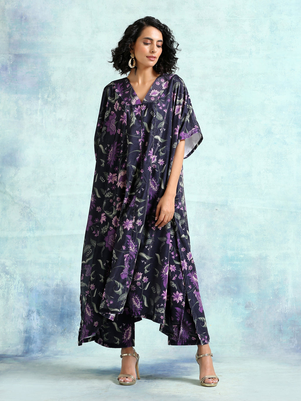 trueBrowns Black Printed Velvet Kaftan Kurta