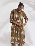 trueBrowns Olive Green Cotton Stripe Print Shirt Kurta Set