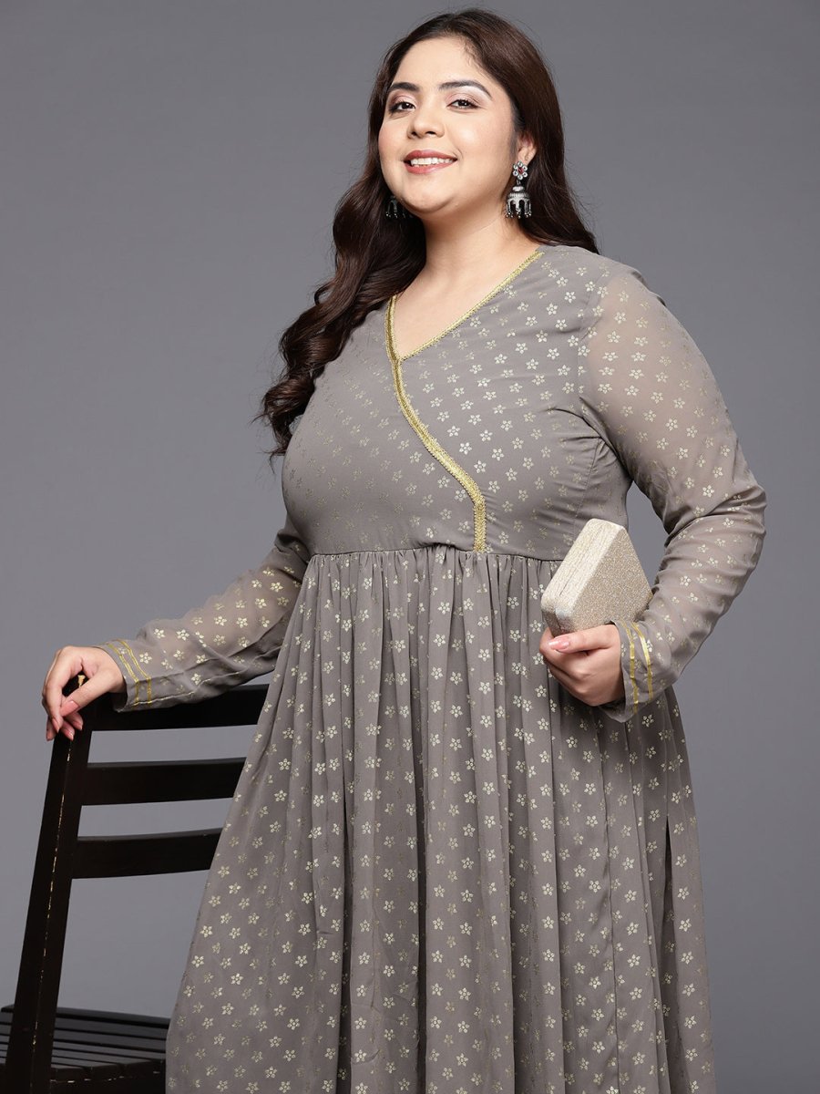 Ahalyaa Plus Size Floral Printed Zari Angrakha Kurta with Palazzos