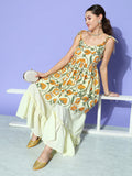 InWeave Women's Off White Yellow Floral Print Tie Up Kurta Sharara Set
